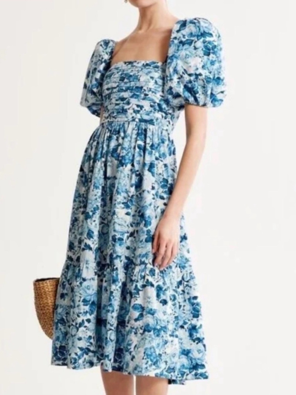 Abercrombie & Fitch Emerson Blue & White Poplin Floral Tiered Midi Dress Size LT